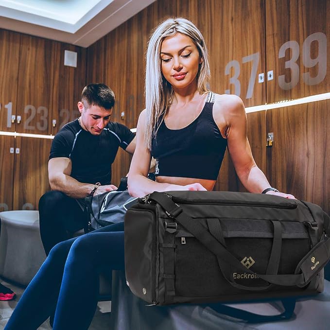 Eackrola Large Sports Gym Bag, Travel Duffel bag with Wet Pocket & Shoes Compartment for men women, 65L, Lightweight（Black）