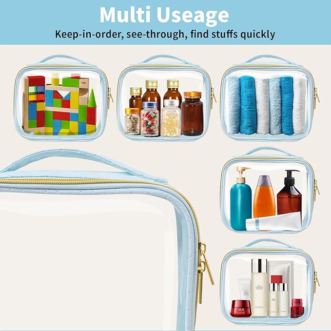 TSA Approved Travel Toiletry Bag,2 Pack Clear Makeup Bags with Handles,Quart Size Clear Cosmetic Bags for Traveling Women,Men,Carry on Airport Airline Compliant Bag,Blue