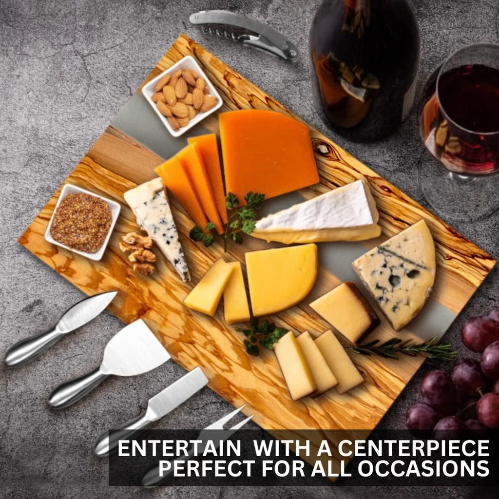 Handcrafted Italian Olive Wood Cheese & Charcuterie Board Set with Unique Gray Resin Artwork - Cutting Board Comes with 4 Cheese Knives, 2 Dipping Bowls & Corkscrew Wine Opener (Gray)
