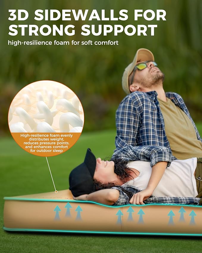 KingCamp Double Sleeping Pad, 2 Person Queen R 15.5 Self Inflating Sleeping Pad, 6" Ultra Thick Full Size Foam Mattress Mat for Outdoor Camping Tent Car, PVC Free (Khaki)