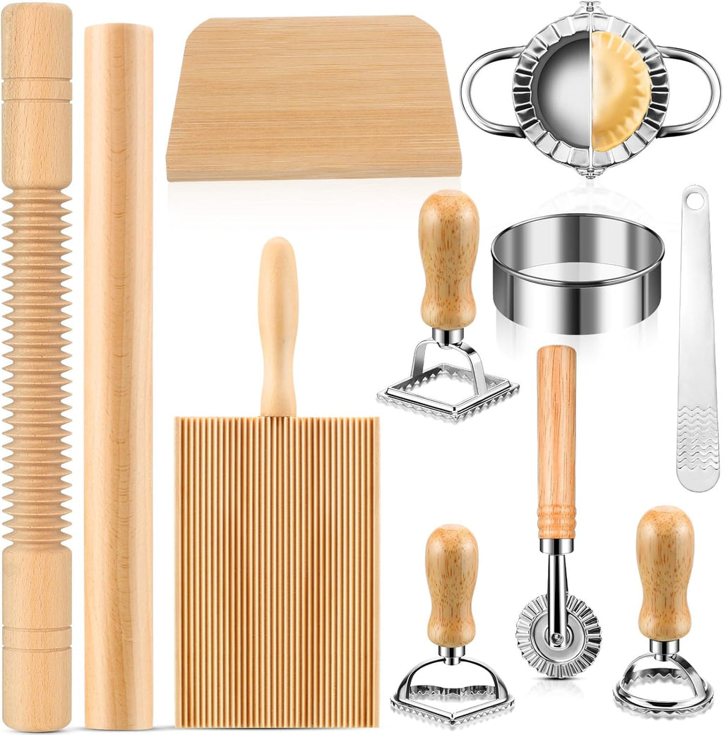 11 Pcs Pasta Making Tools Kit - Includes Wooden Gnocchi Board with Ravioli Stamp Cutter, Threaded Rolling Pin, Dumpling and Pasta Maker - Gift for Homemade kitchen Baking Lovers