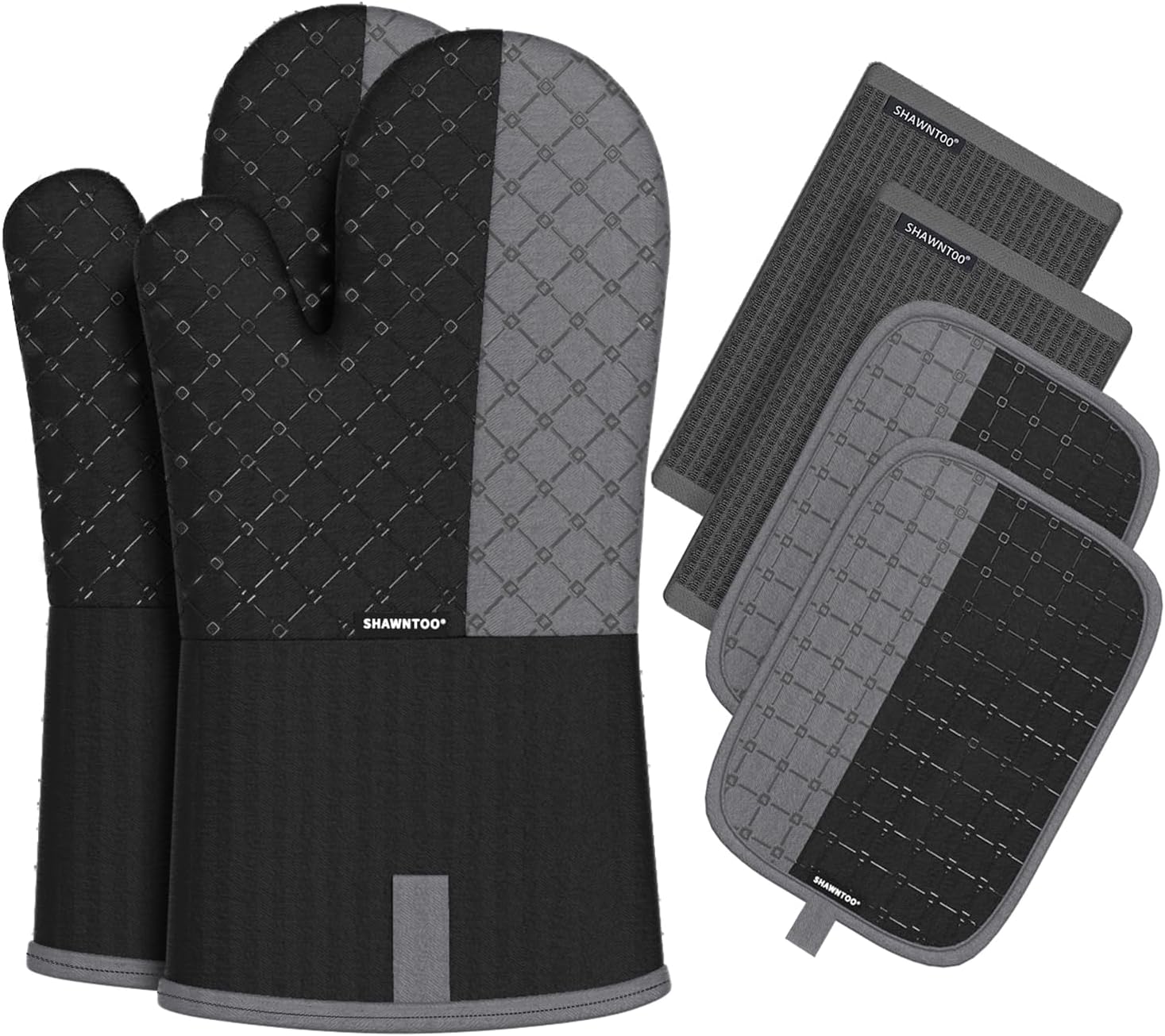 Oven Mitts and Pot Holders Sets 6pcs, Kitchen Oven Glove,High Heat Resistant 550 Degree Extra Long Oven Mitts and Potholders with Non-Slip Silicone Surface for Home Essentials (Grey) (Matte Black)