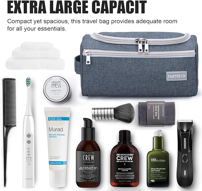 Pantheon Men's Toiletry Bag - Travel Toiletry Bag Wash Bag Hanging Dopp Kit Shaving Kit for Bathroom Shower - Mens Travel Bag Hanging Toiletry Organizer Toiletry Kit for Traveling (Blue)