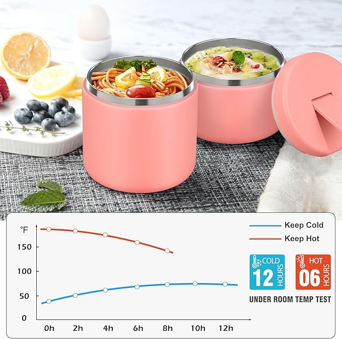 12oz Kids Soup Thermo for Hot Food Insulated Vacuum Food Jar with Buckle Lid, Stainless Steel Wide Mouth Leak Proof Lunch Container for School Travel-Pink