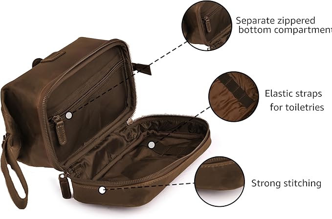 LEATHER VILLAGE Genuine Leather Dopp Kit – Large Travel Toiletry Bag with Waterproof Lining, Dual-Zip Design for Men & Women, Organizer for Shaving, Makeup & Essentials - Brown