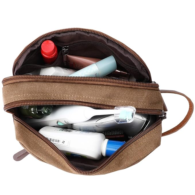 Mactso Mens Travel Toiletry Bag Canvas Leather Cosmetic Makeup Organizer Shaving Dopp Kits with Double Compartments (Coffee)