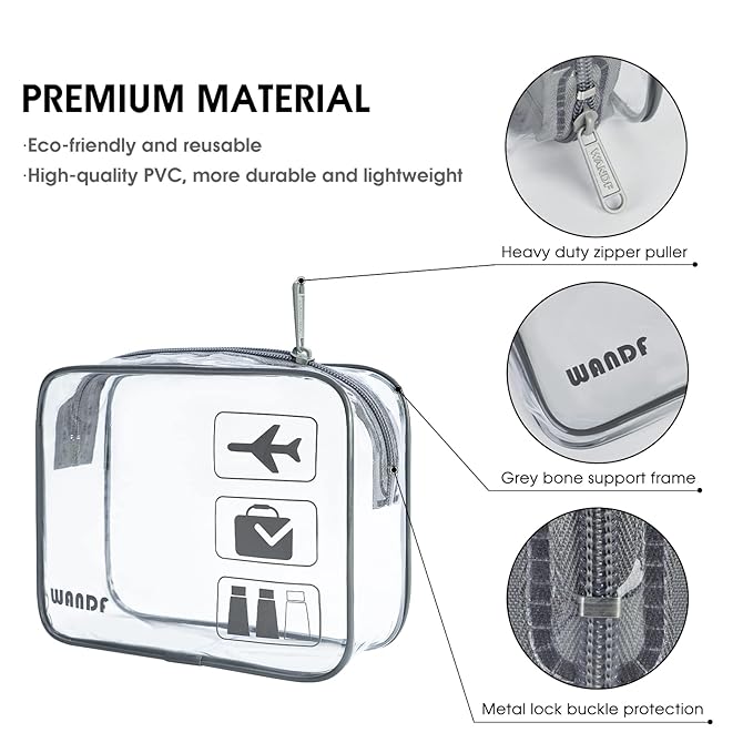 TSA Approved Clear Travel Toiletry Bag wih Zippers Carry-on Travel Accessories Quart Size Toiletries Cosmetic Pouch Makeup Bags for Men and Women (2pcs Grey)