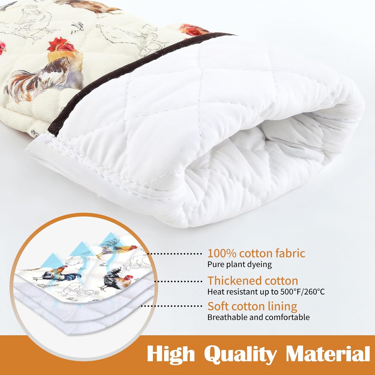 Roosters Oven Mitts and Pot Holders Sets 2Pcs, 100% Cotton Heat Resistant, Extra Long Oven Gloves Potholder for Kitchen Cooking Baking Decoration