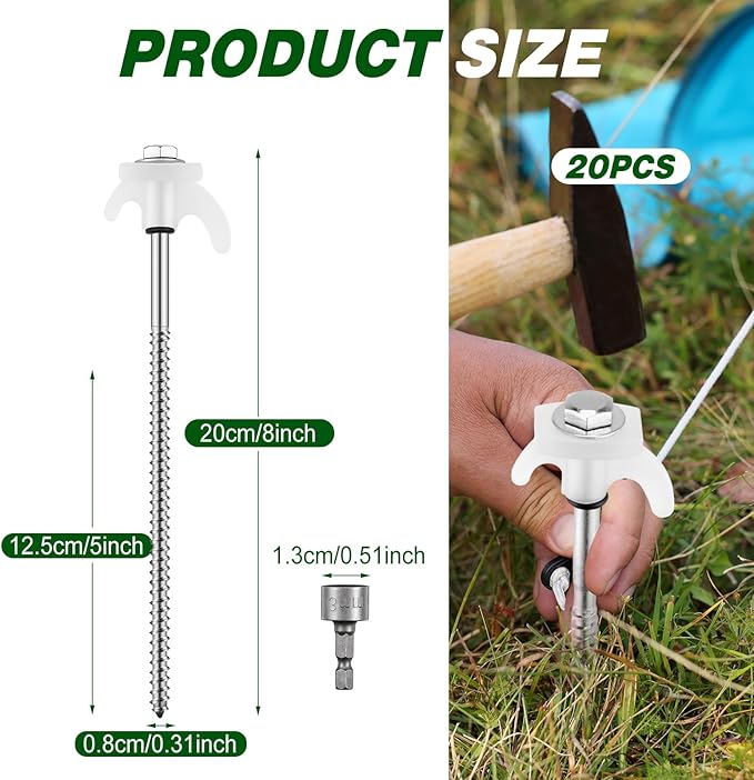 20 Pcs 8" Screw in Tent Stakes Heavy Duty Tent Stakes Drillable Ground Anchors Screw Metal Tent Pegs Threaded Tent Spikes with Head Driver for Swing Inflatable Decor (Illuminant White)