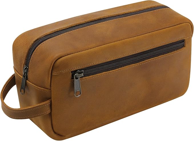 Ringsun Leather Travel Toiletry Bag for Men, Full Grain Leather Dopp Kit Shaving Bag Travel Organizer, Bourbon Brown