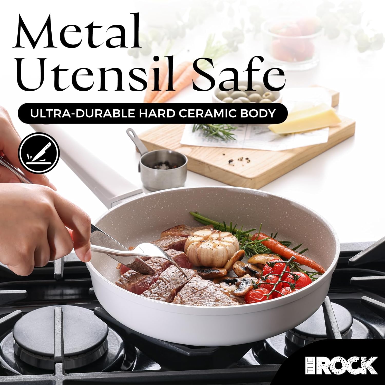 THE ROCK SOHO 8-Inch Non Stick Frying Pan with Lid–Nothing Sticks, Never Warps, Lasts Longer, Ceramic Non Toxic Skillet with Heat-Resistant Handle, PTFE PFOA & PFAS Free, Oven & Dishwasher Safe, Cream