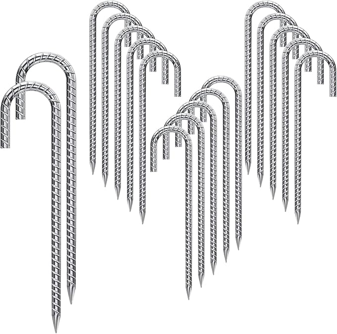 Rebar Stakes 12 Inch 10 Pack Tent Stakes Heavy Duty Metal J Hook, Fence Stakes for Trampoline, Fence, Camping Tent (17, J-16 x2/5")