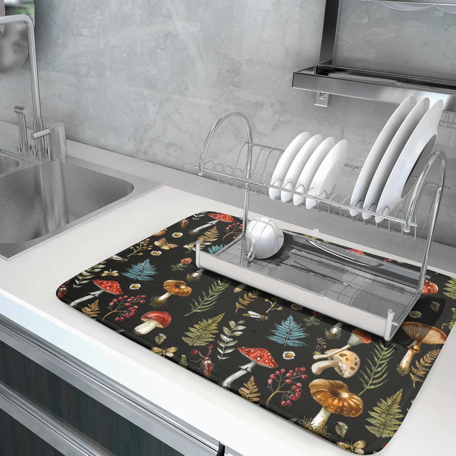 Natural Botanical Dish Drying Mat Mushroom Fern Leaves Berry Drainer Mat Black Drying Pad for Countertop 18 X 24 Inch