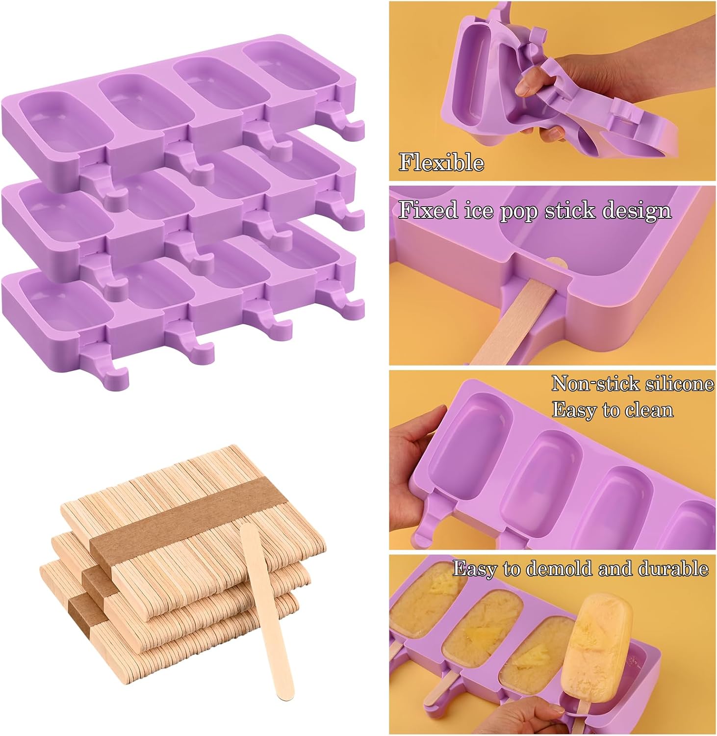 Sakolla Silicone Popsicle Molds Set of 3, Large Oval 4 Cavities Homemade Ice Pop Molds with 150 Wooden Sticks for Ice Cream, Cakesicles, Cake Pop (Purple)