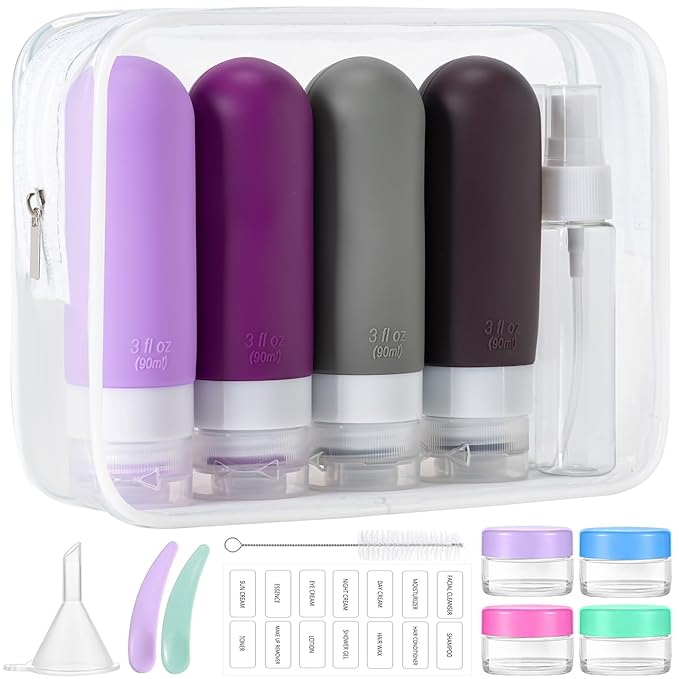 16pack Travel Bottles for Toiletries, TSA Approved LeakProof Squeezable Silicone Toiletry Containers for Shampoo, Conditioner, 3oz Portable Refillable Traveling Size Liquid Containers (16Pcs/Purple）