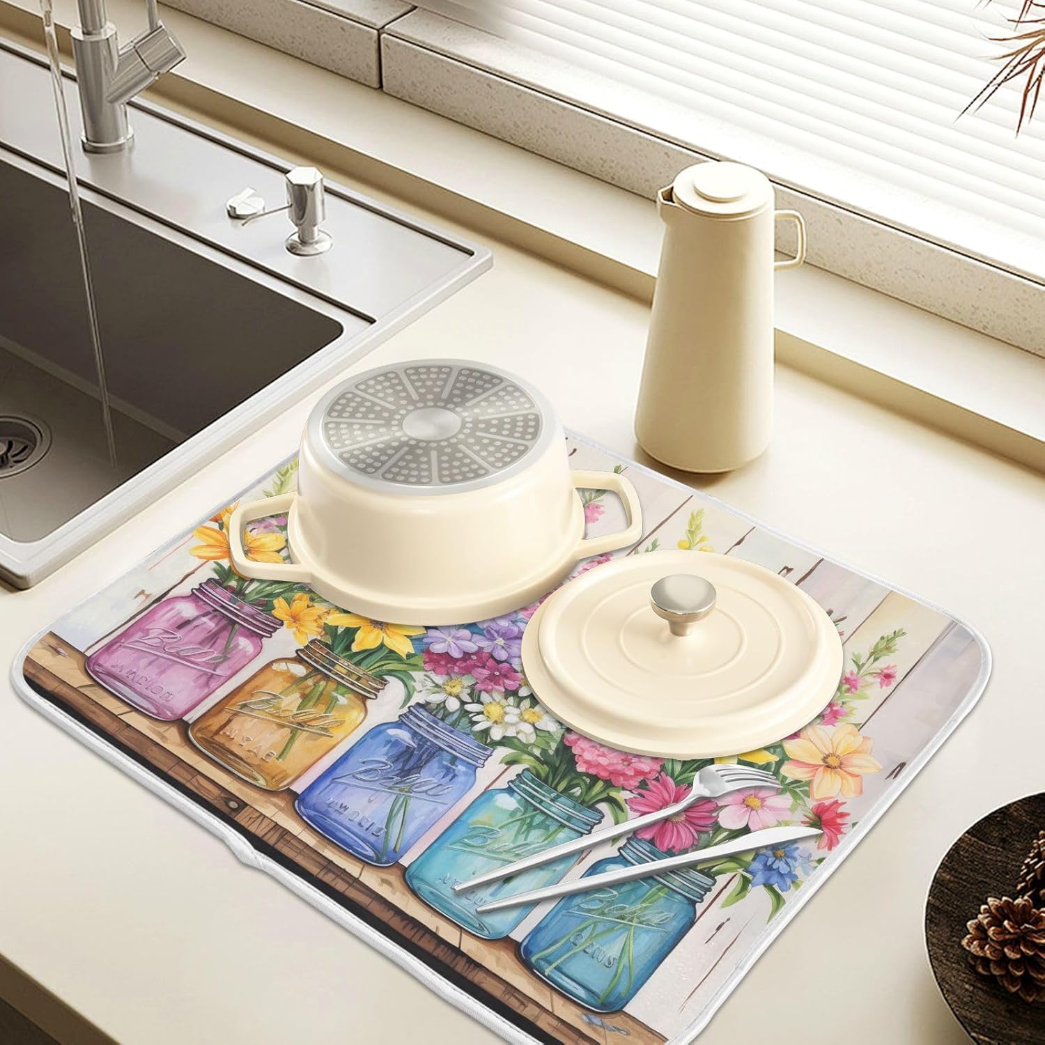Spring Floral Jars Rustic Dish Drying Mat for Kitchen Counter Absorbent Microfiber Large Drying Pad Flowers Dish Mats for Kitchen Countertops 18 x 24 Inch