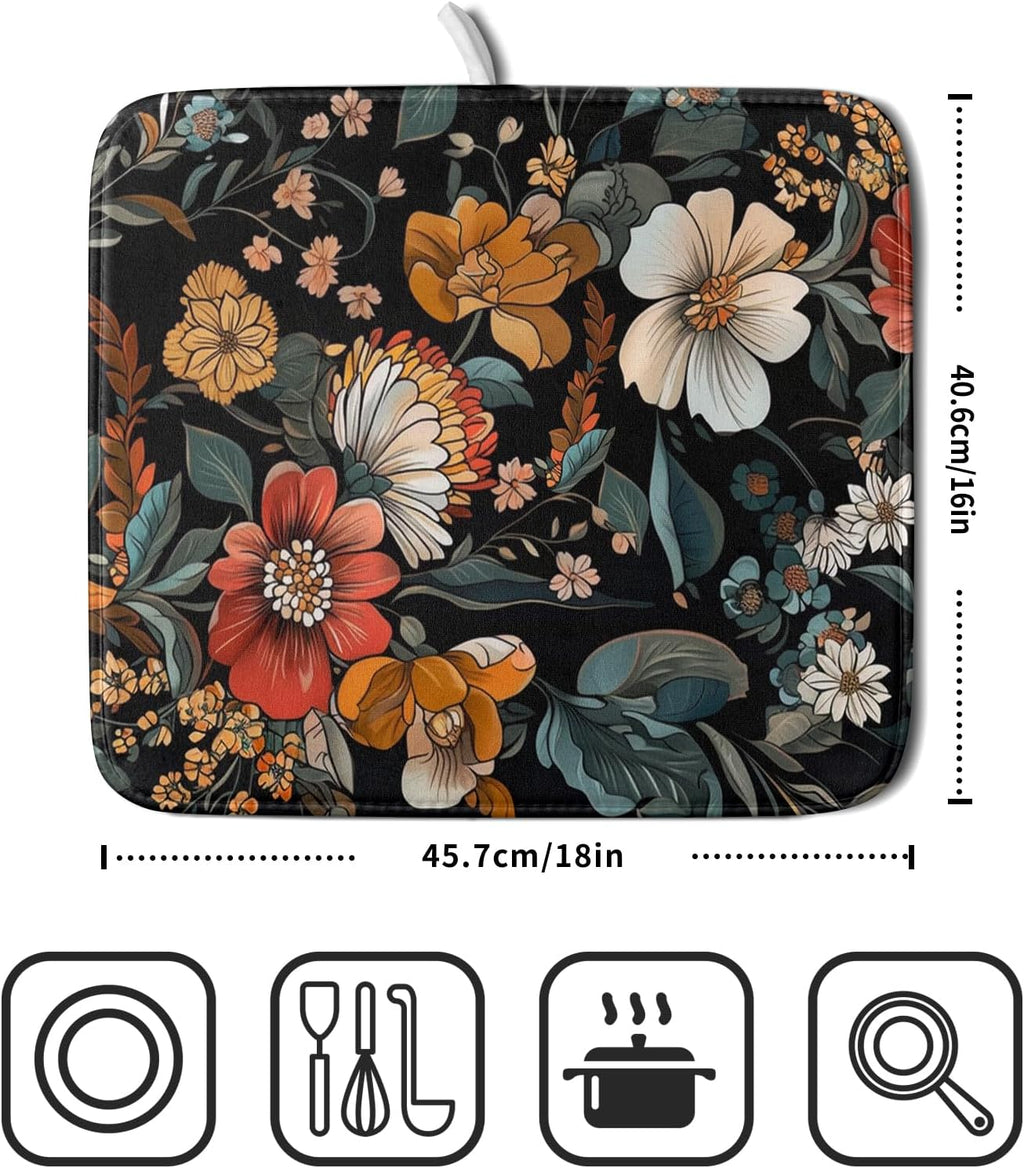Vintage Floral Dish Drying Mat 16x18 inch Boho Flower Drainer Mats Fast Dry Absorbent Washable Dish Rack Pad Protector Kitchen Accessories