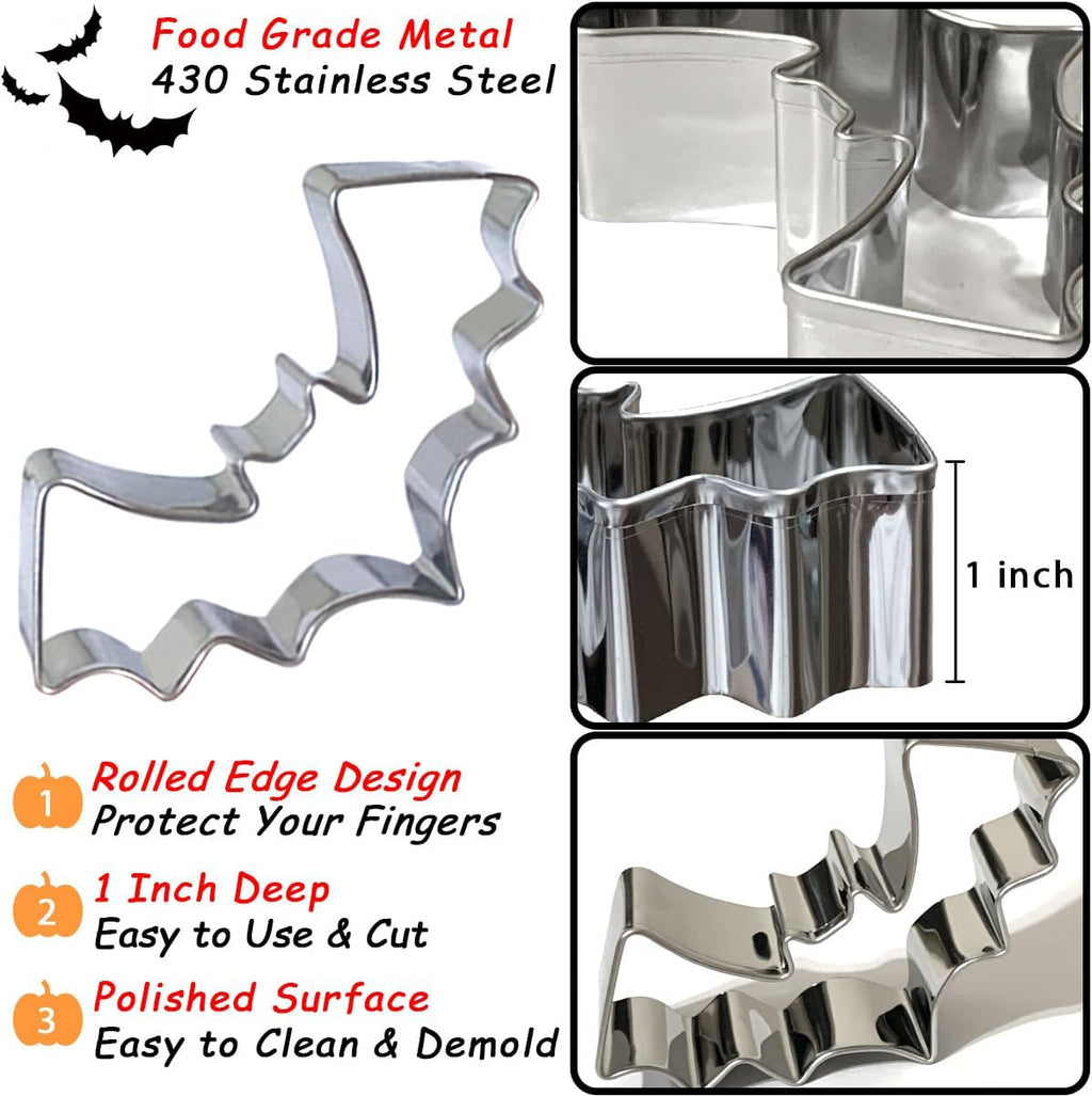 Halloween Cookie Cutters Large 7Pcs, Bat Pumpkin Magic Hat Cat Cookie Cutter, Sturdy Easy to Clean & Demold Pancake Dough Molds for Halloween Baking
