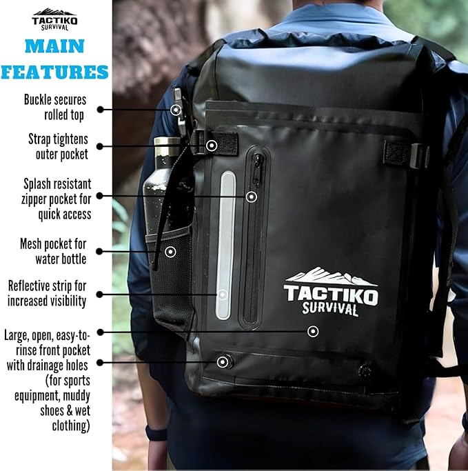 30L Heavy-Duty 100% Waterproof Backpack - Equipment Pocket, Carabiner - Roll Top Floating Dry Bags (Jet Black)