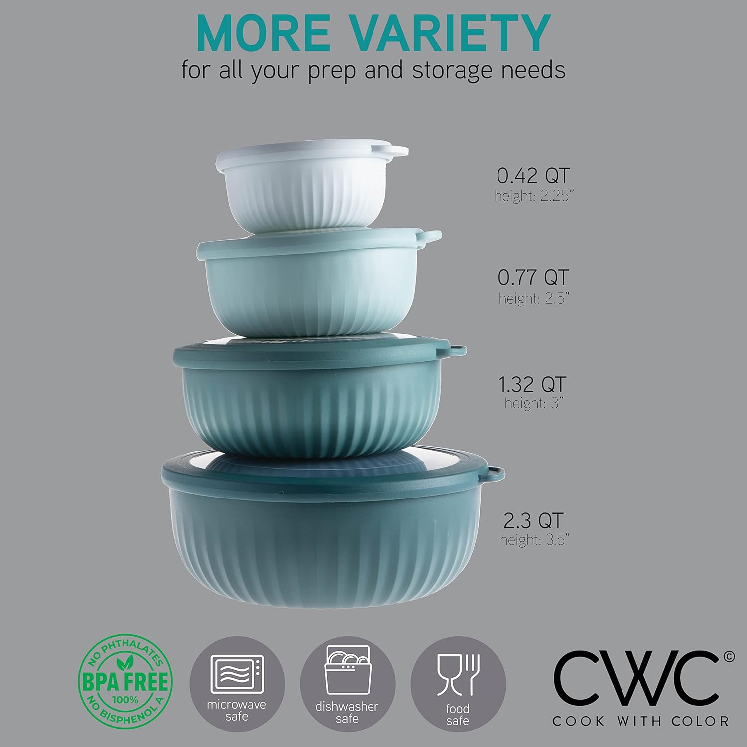 COOK WITH COLOR Prep Bowls with Lids- Wide and Deep Nesting Plastic Small Mixing Bowl Set with Lids, 8 Piece Set - Wide Bowls, Teal