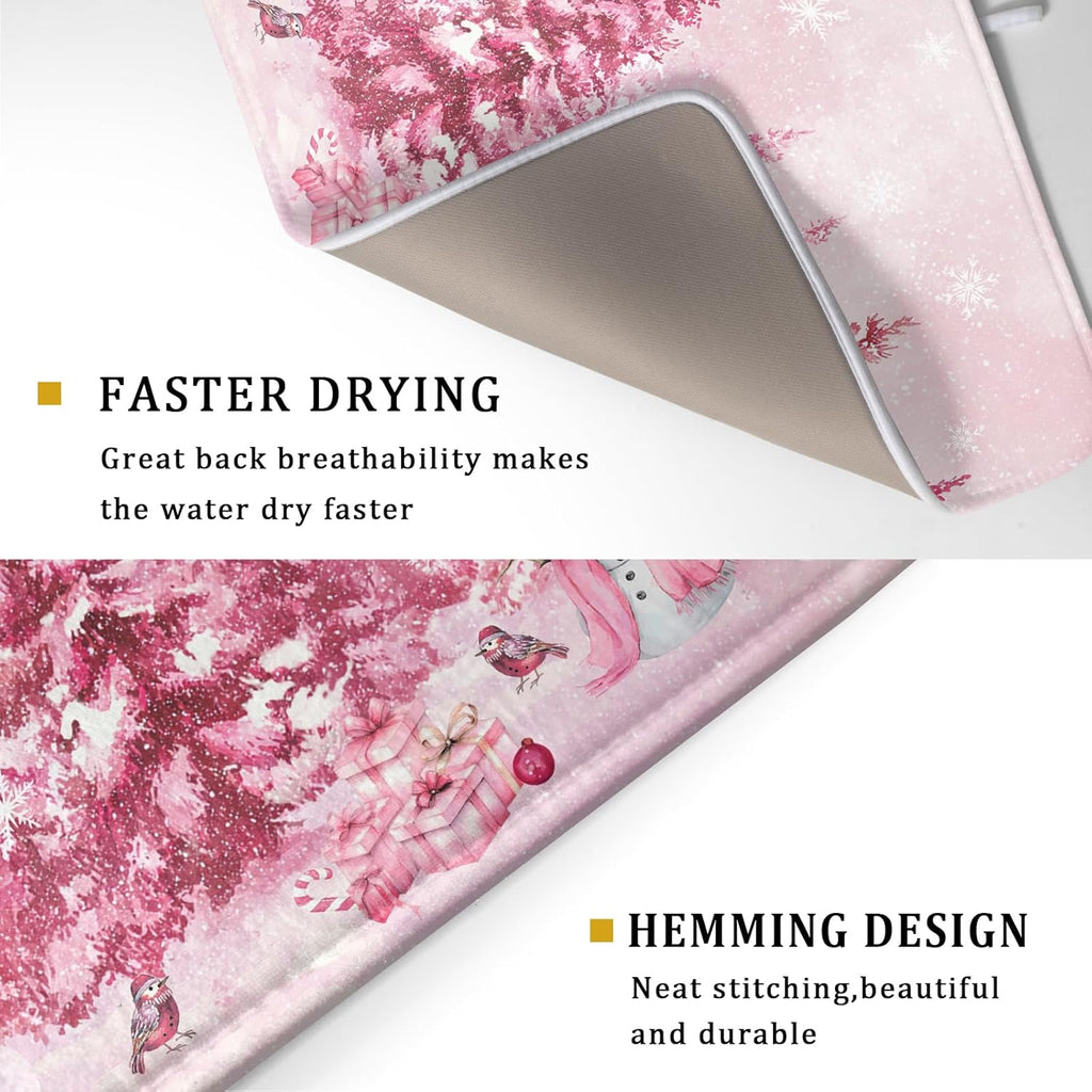 Pink Forest Dish Drying Mat Snowman Washable Drying Matt Kitchen Counter Absorbent Coffee Mat for Winter Home Decor