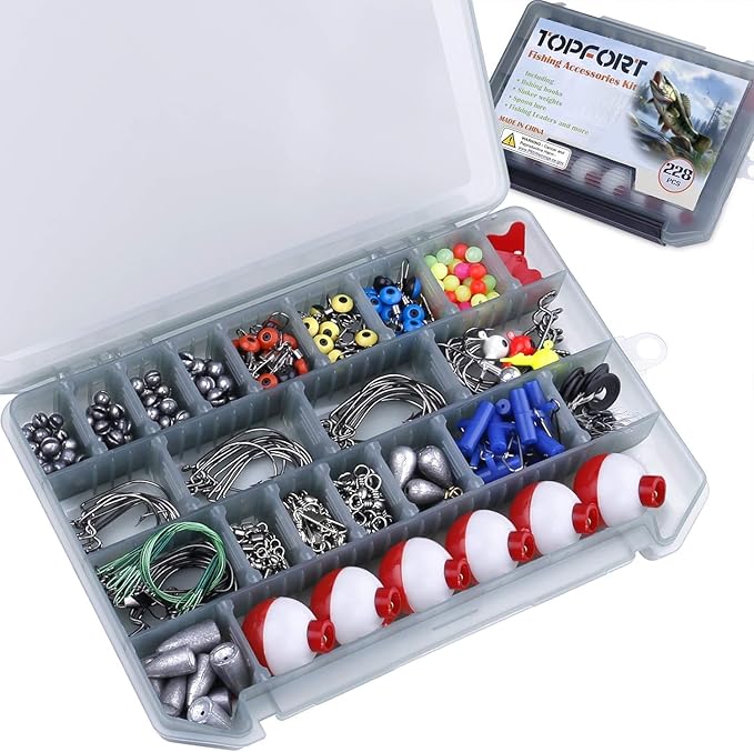 TOPFORT 187/343pcs Fishing Accessories Kit, Organized Fishing Tackle Box with Tackle Included, Fishing Hooks, Fishing Weights Sinkers, Fishing Gear and Equipment, Fishing Gift for Men