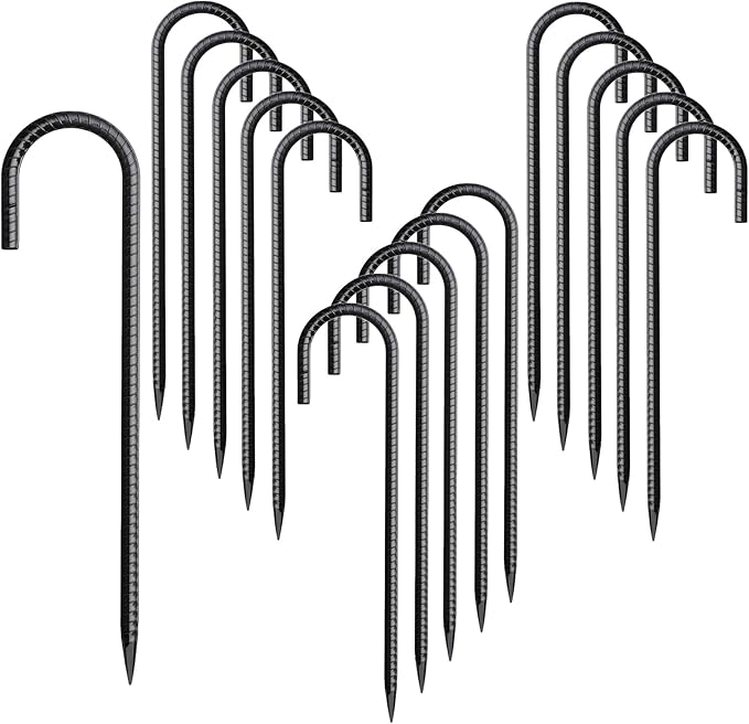 Rebar Stakes 12 Inch 16 Pack Tent Stakes Heavy Duty Metal J Hook, Fence Stakes for Trampoline, Fence, Camping Tent (16, J-12 x5/16 Black)