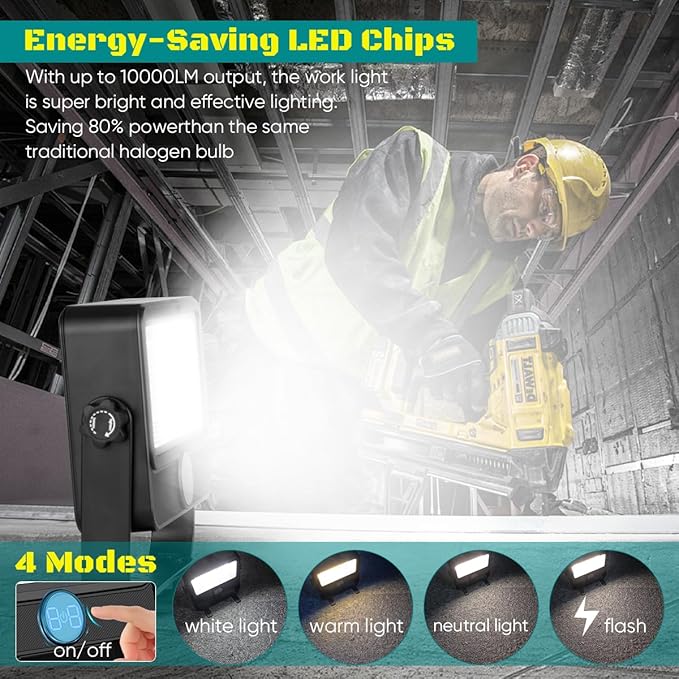 100W LED Work Light Rechargeable, Rechargeable Outdoor Light Solar Camping Lights with Magnetic, 4 Modes, Waterproof Portable Floodlight for Emergency, Repair, Camping