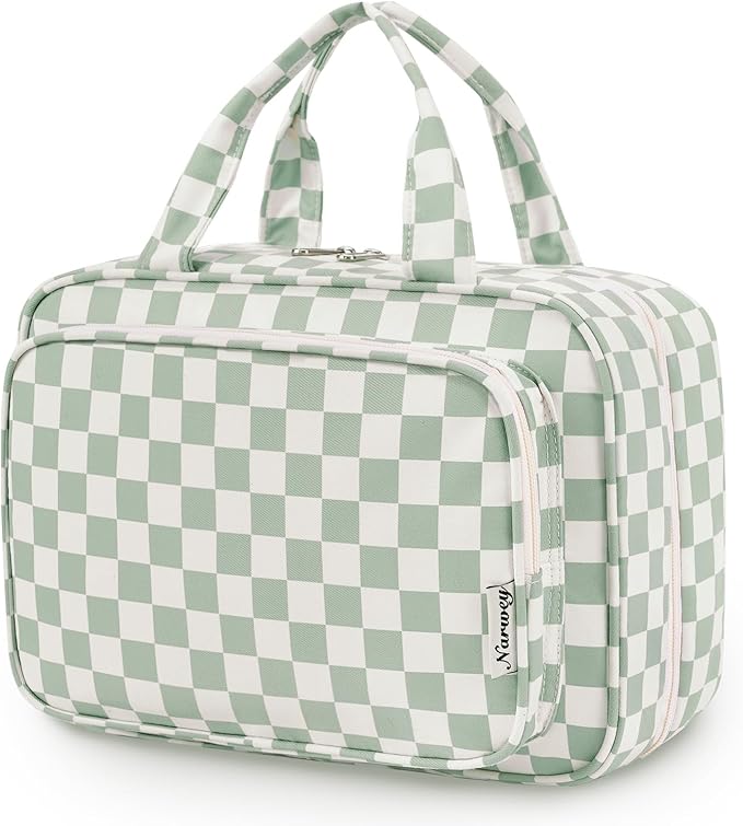 Narwey Travel Toiletry Bag for Women Large Hanging Makeup Bag Organizer Toiletries Bag for Full Size Essentials Accessories Cosmetics (Mint Green Checkerboard (Large))