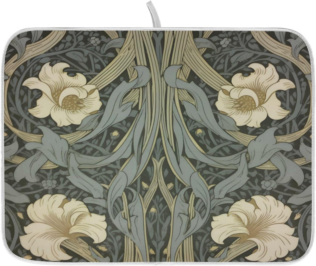 William Morris Flowers Print Dish Drying Mat for Kitchen Counter Absorbent Microfiber Small Drying Pad Dish mats for Kitchen Countertops 16 x 18 Inch