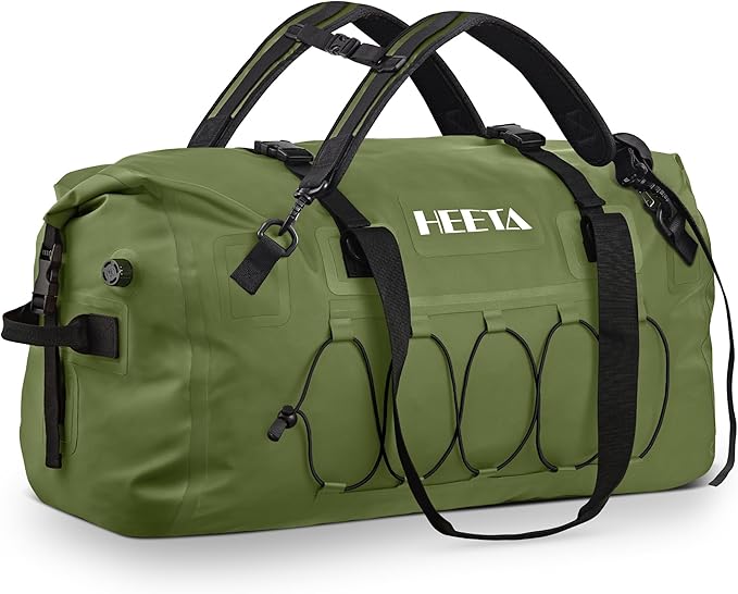 HEETA Waterproof Duffel Bag Motorcycle Dry Bag Backpack, Extra Large Rolltop Travel Duffle Bags with Straps & Handles for Kayaking Rafting Boating Canoeing Camping Gym Beach (Green, 80L)