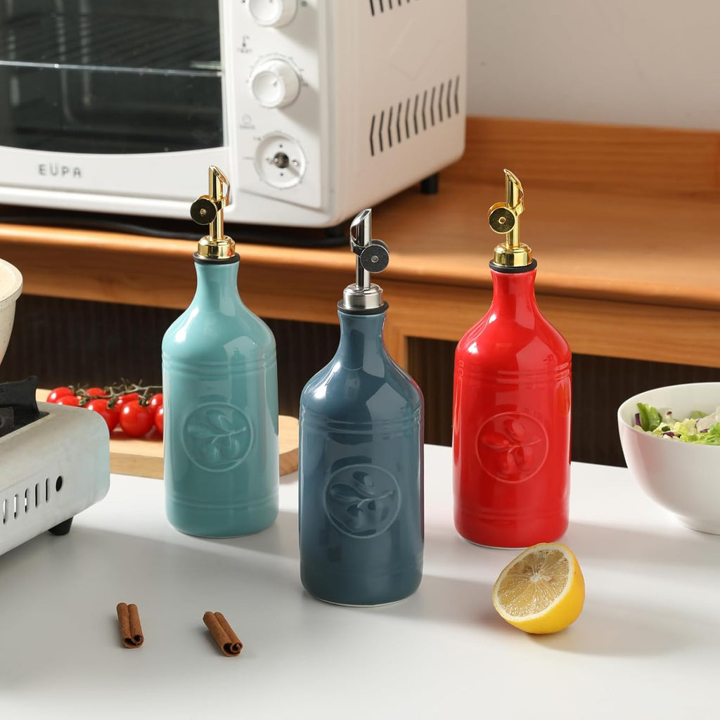 Sweejar 16 Oz Ceramic Olive Oil Dispenser Bottle, Oil Dispenser for Kitchen with Gravity Spout, Relief Opaque Oil Container for Evoo, Avocado Oil, Vinegar, Soy Sauce, 1 Pack(Red, Silver Spout)