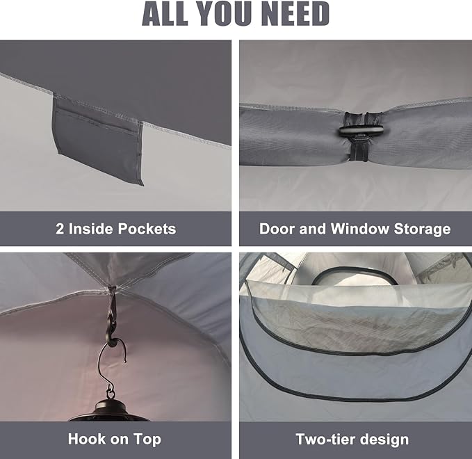 1/2/3/4 Person Pop-Up Camping Tent, Instant Setup Family Tent with Double Layer & Large Mesh Windows, Portable for Hiking, Backpacking & Outdoor Adventures, Waterproof & Windproof