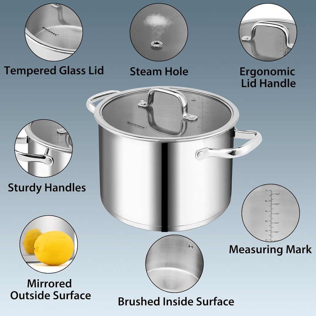 Rorence 8 Quart Stainless Steel Stockpot,Tri-Ply Base Large Pot for Cooking with Lid for Soup, Pasta, Vegetable, Induction Cooking Pot for All Stoves, Oven & Dishwasher Safe
