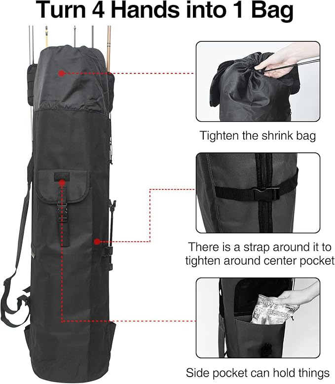 DONQL Fishing Rod Bags Outdoor Fishing Pole Holders Multifunction Camping Portable Canvas Backpack Case Fish Rod Storage Bag Fishing Rod Case Holding 5 Poles & Fishing Tackles (Black)