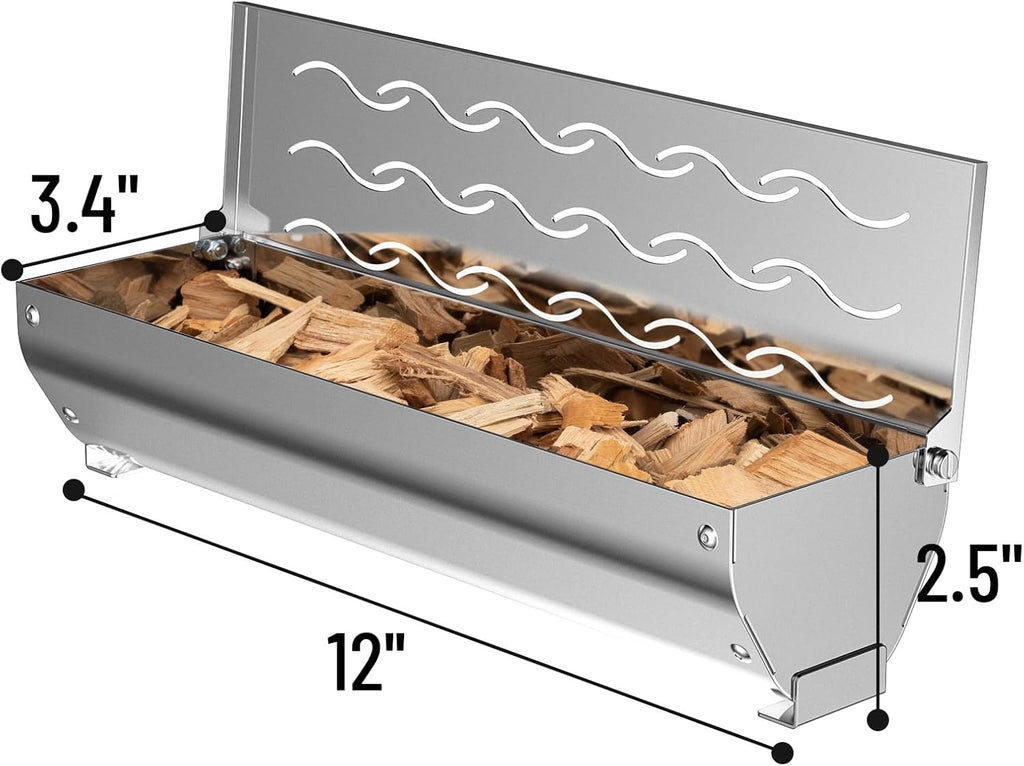 Skyflame Stainless Steel Wood Chip Smoker Box, BBQ Meat Smoking with Wavy Vent and Hinged Lid, Large Capacity for Gas/Charcoal Grill, V Shape with Flat Base Bottom