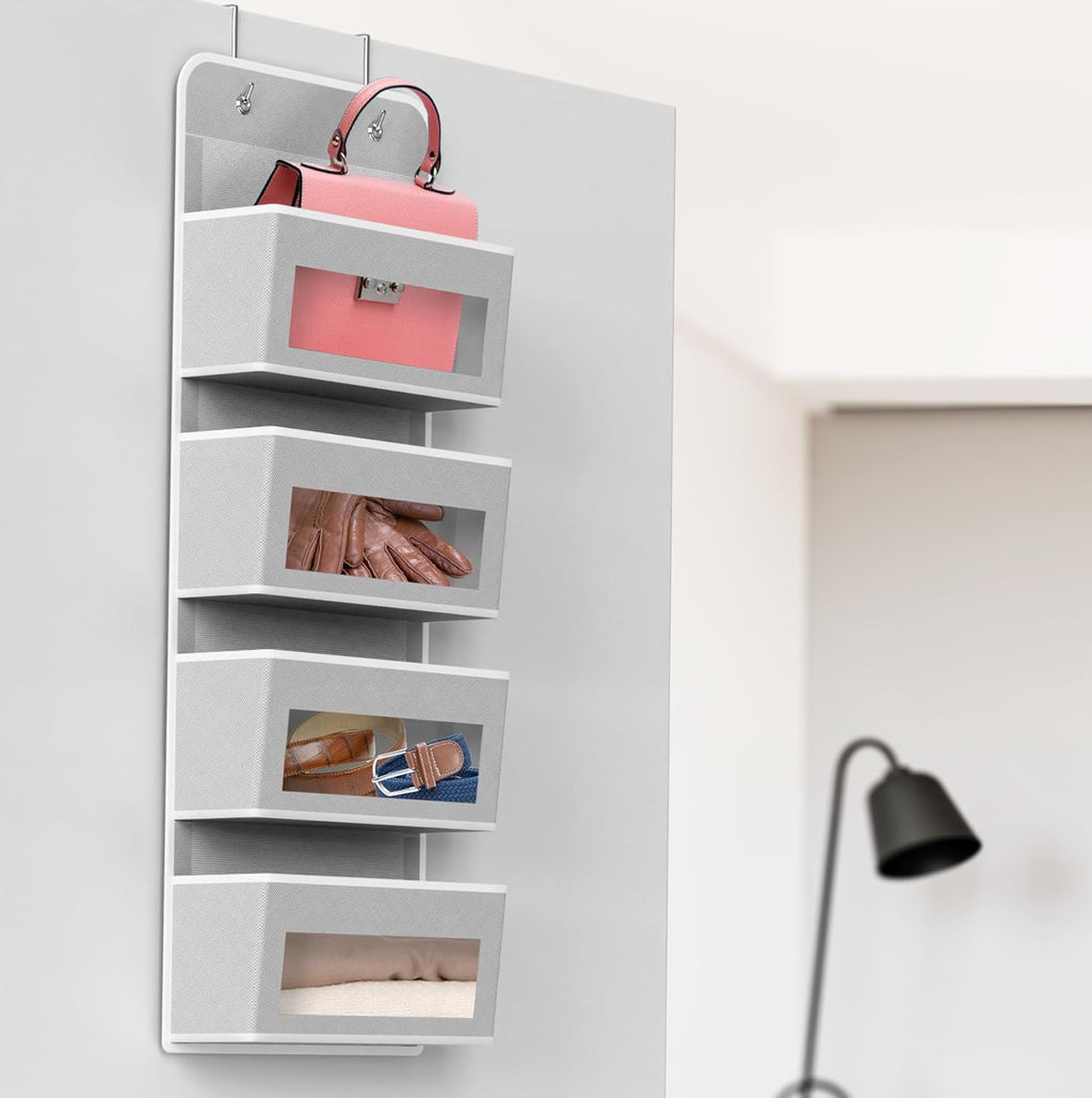 Simple Houseware 4 Clear Window Pocket Over Closet Door Storage Hanging Organizer for Bedroom, Bathroom, Pantry, Gray