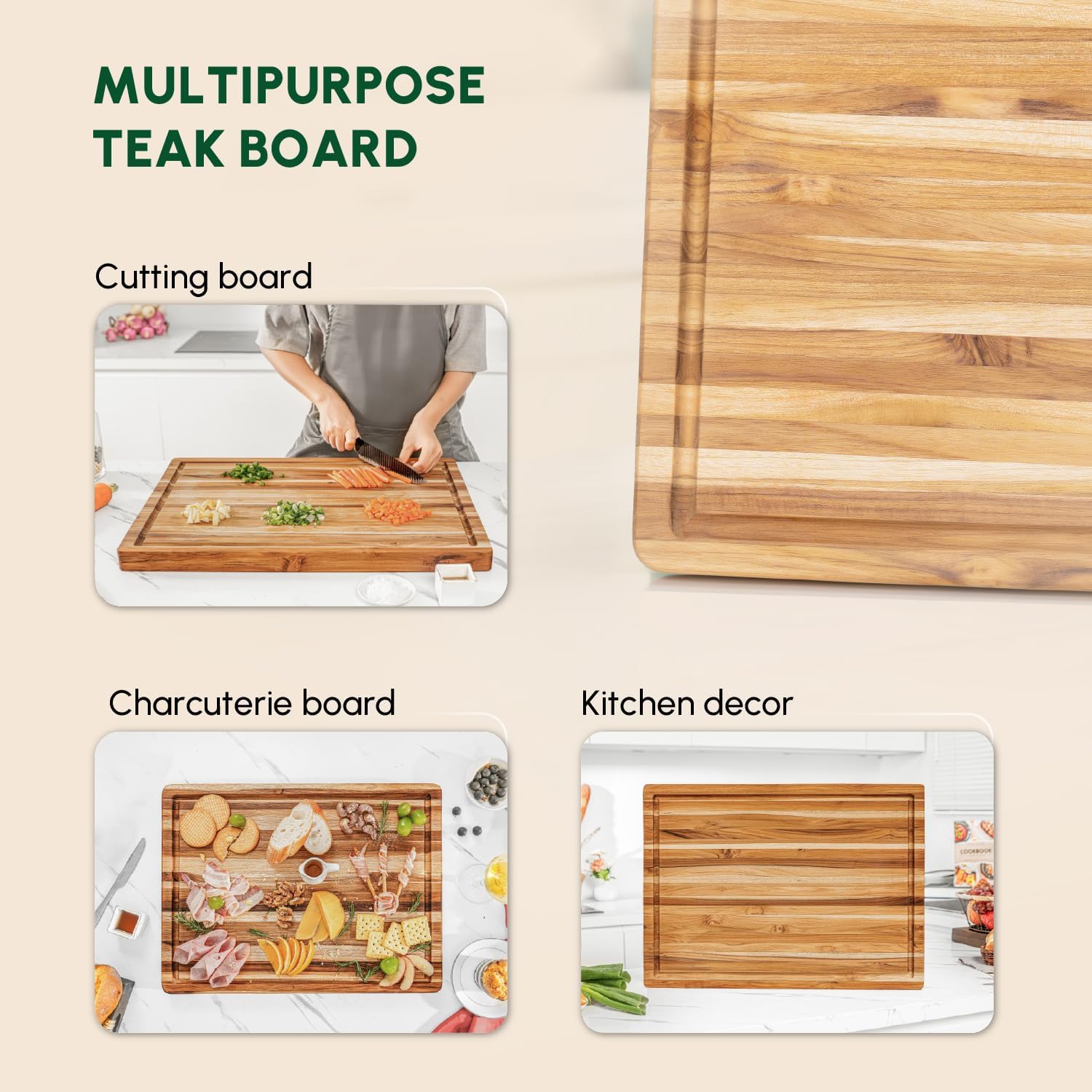 BEEFURNI Teak Wood Cutting Board with Juice Groove Hand Grip (L, 22x16x1.25"), Large Wooden Cutting Boards for Kitchen, Chopping Board Wood, Mother's Day Gifts, 1 Year Manufacturer Warranty