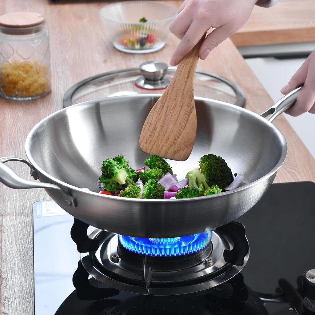 LOLYKITCH 12 Inch Tri-Ply Stainless Steel Wok Pan with Lid, Stir-Frying Pan,Induction Cooking Pan,Dishwasher and Oven Safe,Heavy Duty and Detachable Handle.