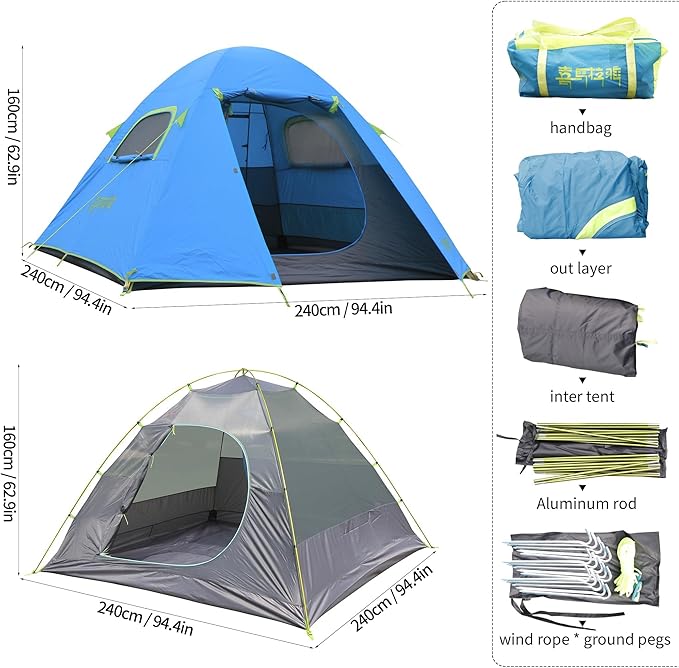 Himalaya 4 Person Camping Tent, Backpacking Tent Waterproof Windproof Lightweight Portable Easy Setup Double Layer for Outdoor Camping Hiking Mountaineering Travel