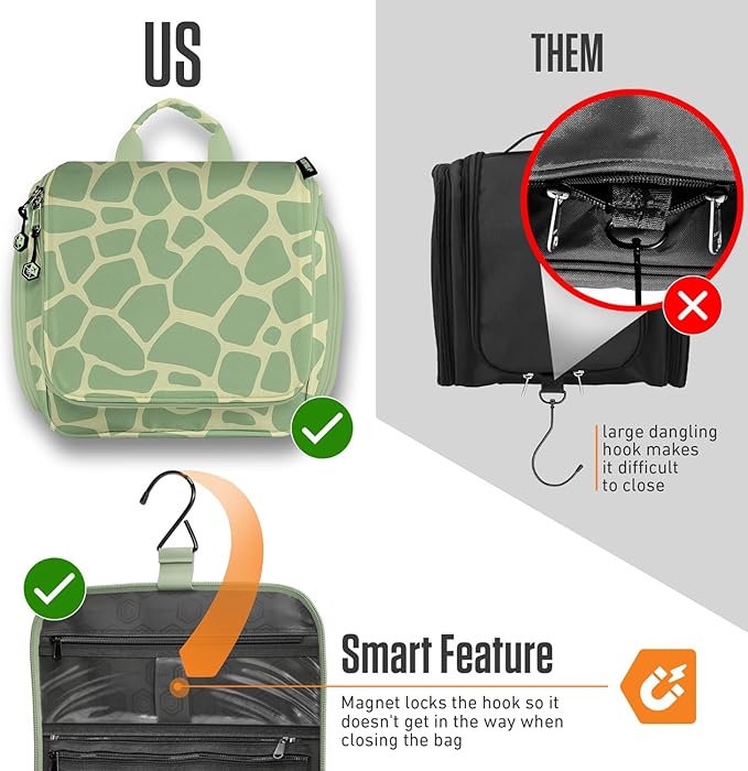 VENTURE 4TH Hanging Travel Toiletry Bag for Women & Men - Travel Organizer with Expandable Compartments & Removable Clear Pouch for Toiletries (Olive Giraffe)