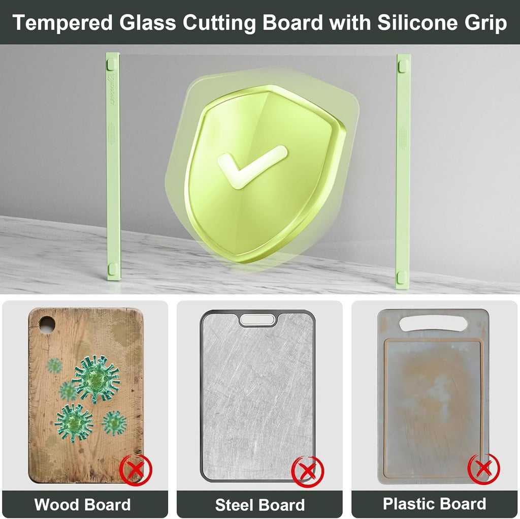 Glass Cutting Board with Silicone Grip, 80% Stronger Shatter Resistance and Slip Resistance,No Scratches/Microplastic-Free,Dishwasher Safe, Non Toxic Cutting Board for Kitchen (Green-2PCS)