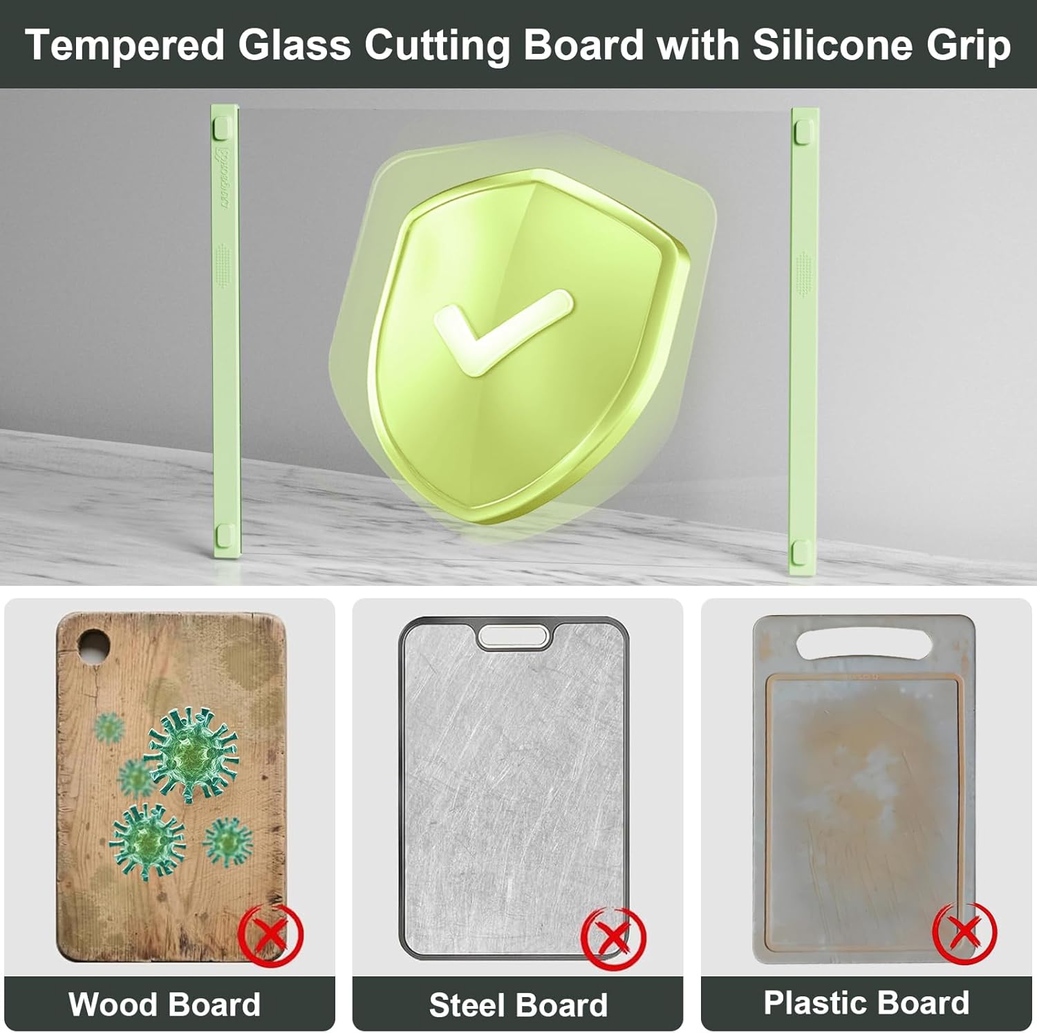 Glass Cutting Board with Silicone Grip, 80% Stronger Shatter Resistance and Slip Resistance,No Scratches/Microplastic-Free,Dishwasher Safe, Non Toxic Cutting Board for Kitchen (Green-2PCS)