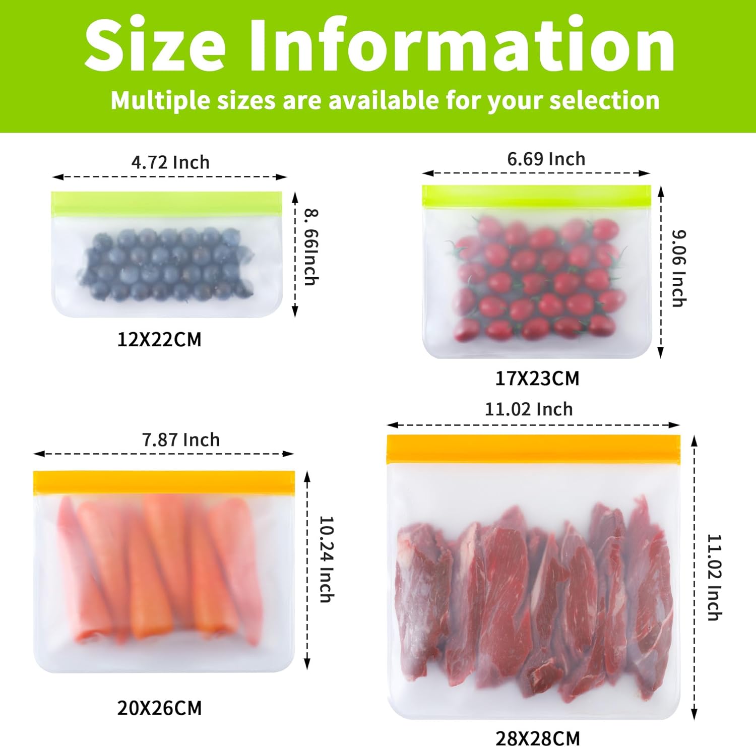 24 Pack Reusable Bags, Dishwasher Safe Silicone Food Storage Bag, 4 Sizes Leakproof Reusable Freezer Bags for Marinate Meats, Cereal, Vegetables, Home.