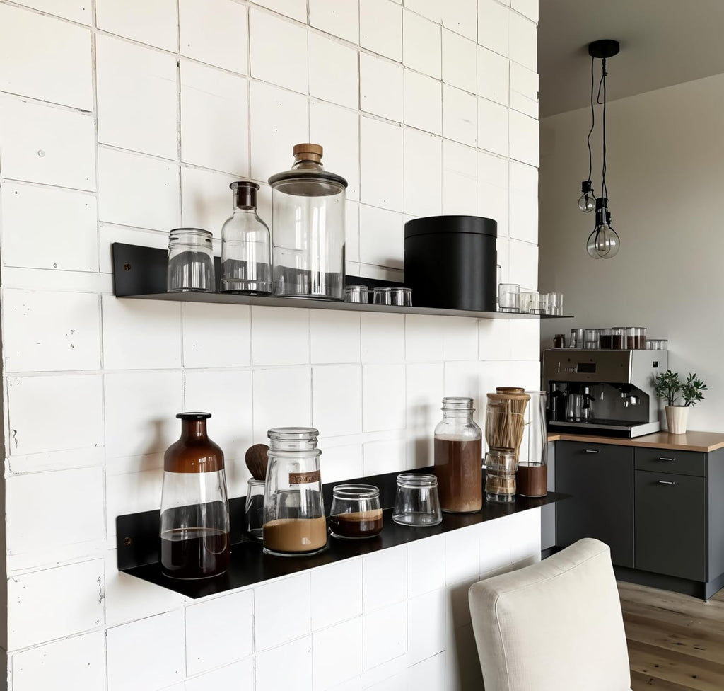 DIY CARTEL Linear Floating Shelf, Raw Blackened Steel, Made in USA, Heavy Duty Metal Wall Mount, Rustic & Modern Farmhouse Design (48"x8" Powder Coated Matte Black)