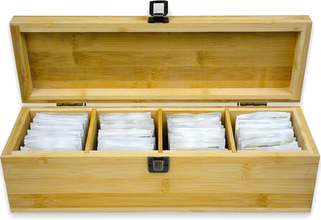 Tea Organizer Box Food Safe Bamboo Wood Chemical Free Big, Tall, Adjustable Cubbies Natural Storage Chest (4-Slot Across 14.3" x 4.4" x 4.2" with Tea Cup design)