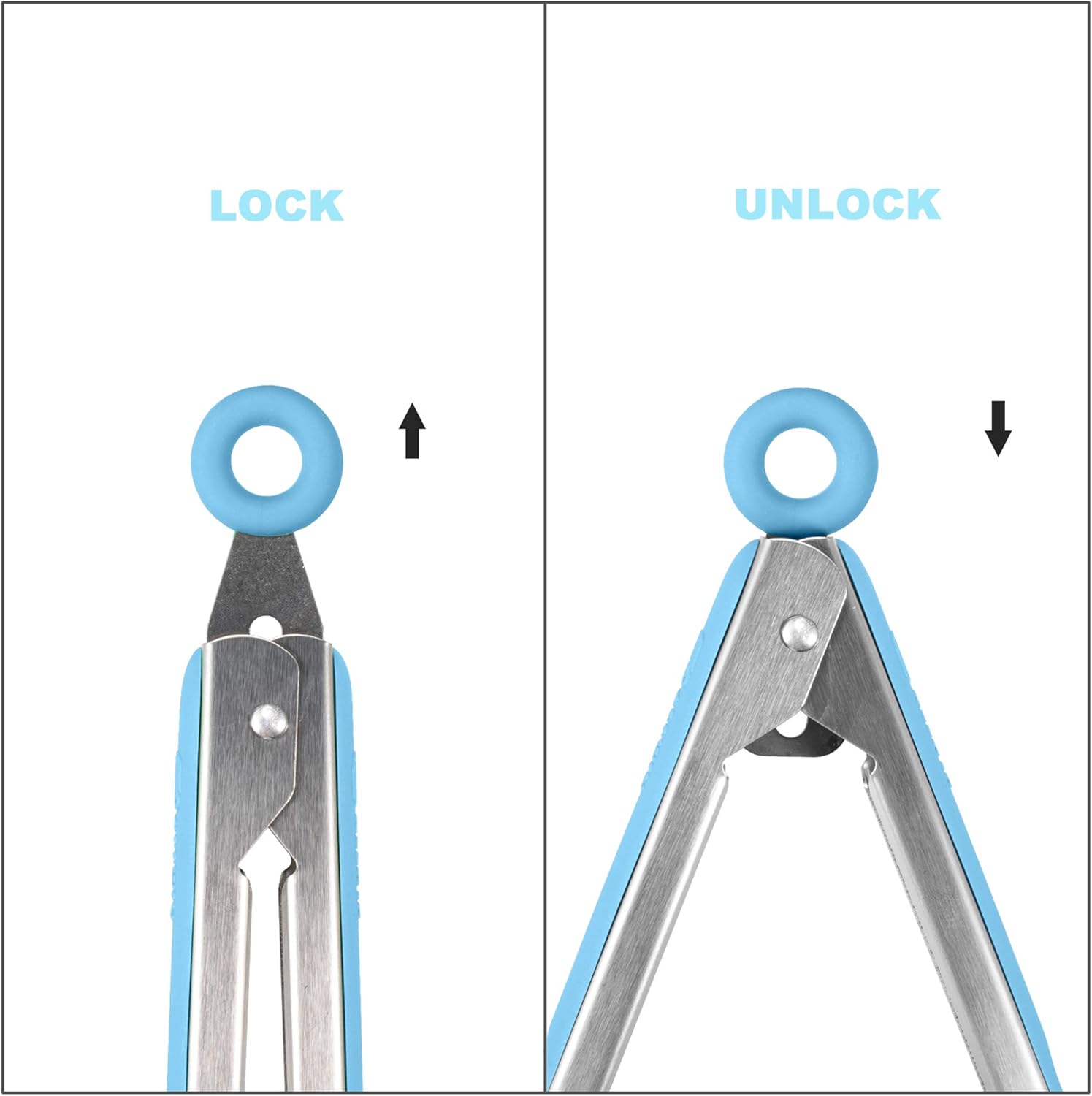 ALLWIN-HOUSEWARE W 304 Stainless Steel Kitchen Cooking Tongs, 9" and 12" Set of 2 Sturdy Grilling Barbeque Brushed Locking Food Tongs with Ergonomic Grip, Blue