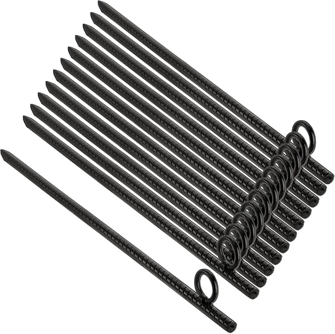 ZOOFOX 12 Pack 17 Inch Black Ground Anchor, Heavy Duty Steel Rebar Stakes with Loop, Reusable Tent Stakes for Outdoor Camping