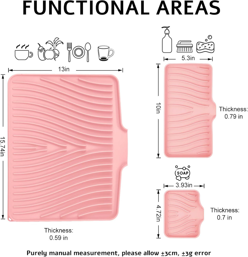 Silicone Dish Drying Mat for Kitchen Counter, Dish Drying Pad, Non-Slip Drain Pad with Built-in Drain, Heat Resistant Stone Drying Mat, 3 pcs (Pink)