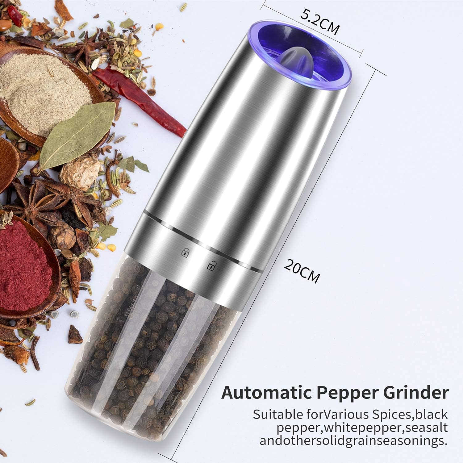 Gravity Electric Pepper and Salt Grinder Set, Adjustable Coarseness, Automatic Shakers Mill Grinder with LED Light, Battery Powered, Upgraded Larger Capacity, One Hand Operated (Sliver 2 Pack)
